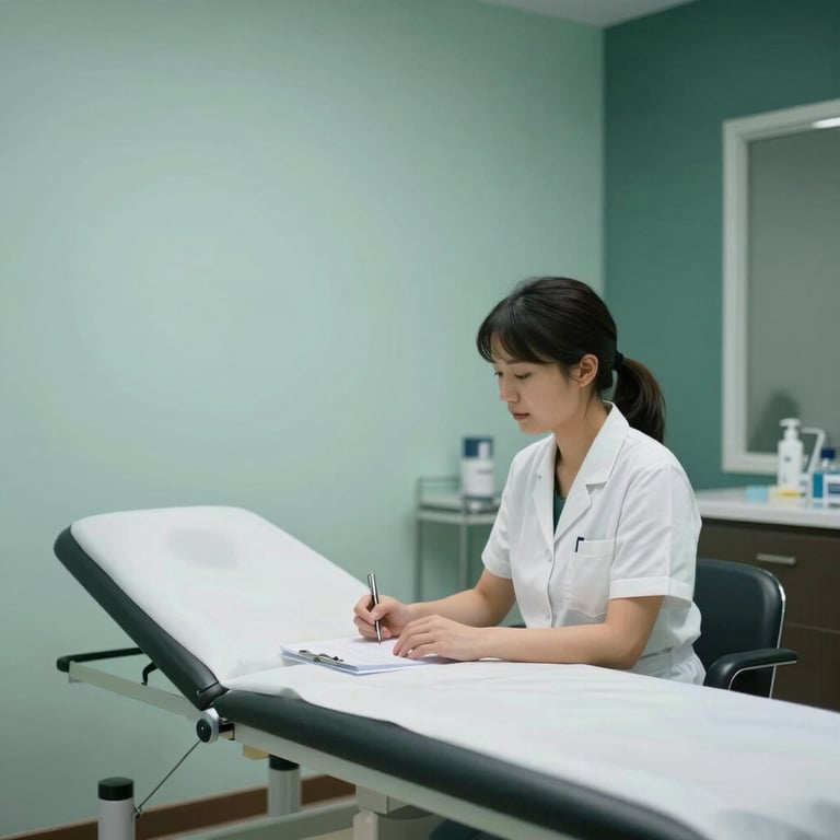 An inviting, patient-centered examination room with soft, compassionate lighting and minimalist decor in shades of pale mint and dark green.