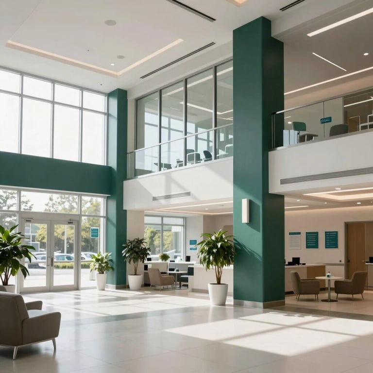 A brightly lit, modern North American healthcare facility lobby with large windows and sophisticated interior design in dark green and white.