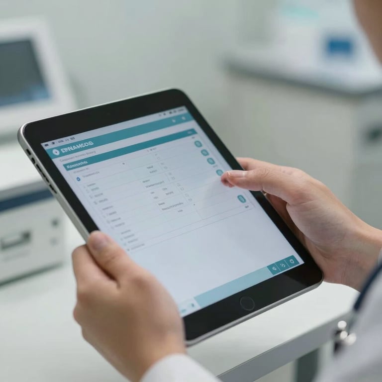 Close-up of a healthcare provider’s hands holding a digital tablet displaying patient data in a professional clinic setting.