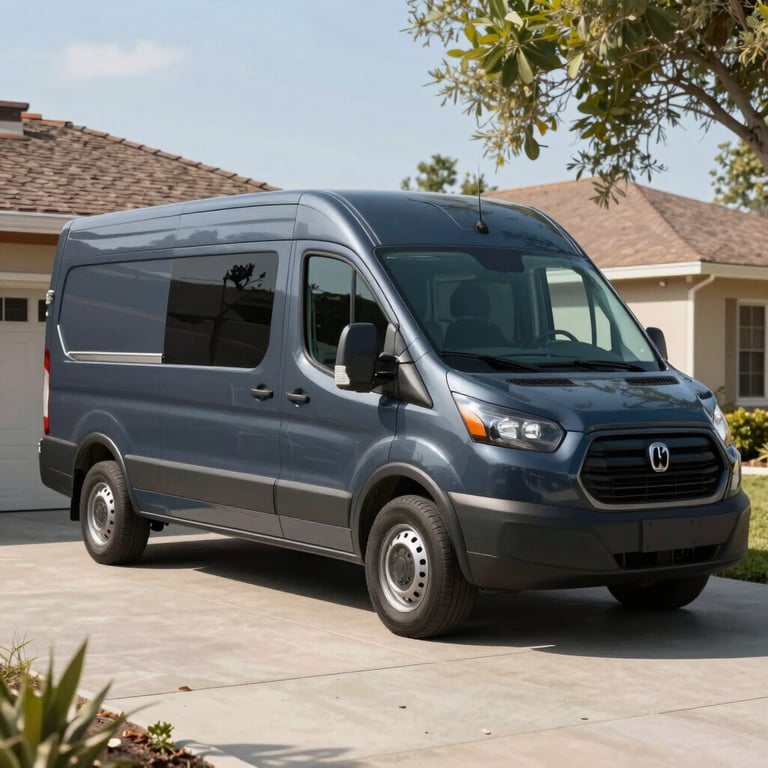 A branded HVAC service van featuring dark slate navy accents parked in a sunny North American / US driveway.