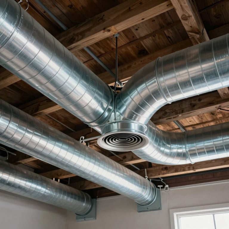 New, shiny ventilation ducts installed in a clean, organized North American / US attic space, modern engineering style.