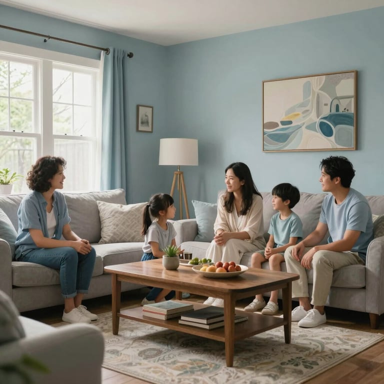 A satisfied family enjoying a perfectly climate-controlled living room in a North American / US home with soft dusty blue decor.