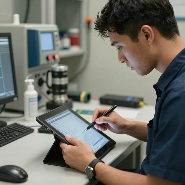 A professional technician using a digital tablet for diagnostics in a clean North American / US utility room setting.