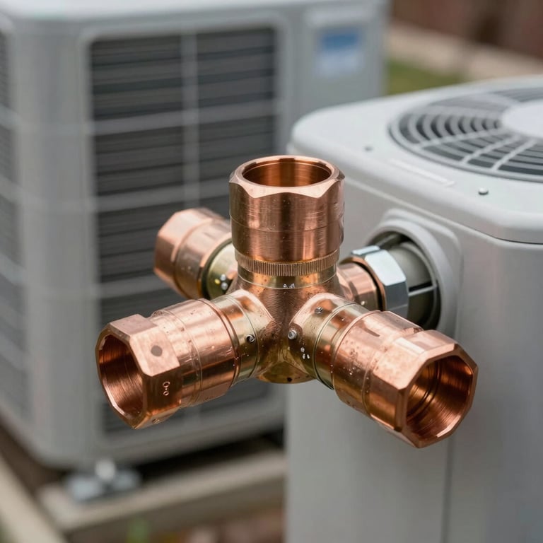 Detailed macro photography of copper pipe connections on a modern outdoor HVAC unit in a North American / US setting.