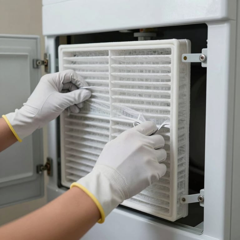 A pair of gloved hands neatly replacing an air filter in a modern North American / US furnace system, pale frost white lighting.