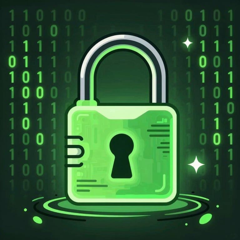 Flat vector-cartoon graphic of an open cryptographic lock glowing with neon green energy, surrounded by binary code and thick black cartoon outlines.