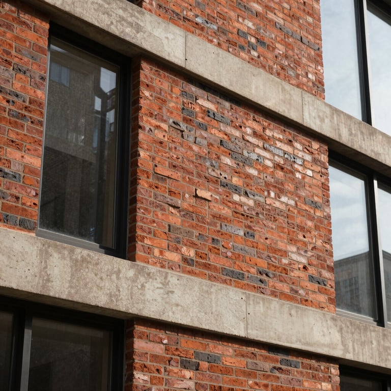 A detailed view of precision brickwork and masonry on a new sophisticated commercial facade in the US.