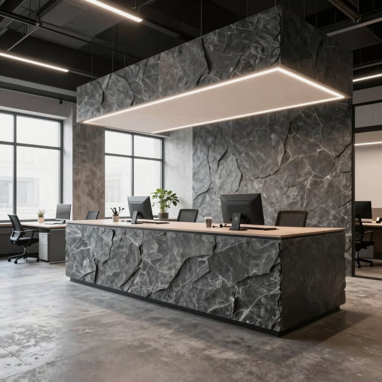 An interior shot of a modern, industrial-style office renovation featuring slate gray accents and clean lighting.