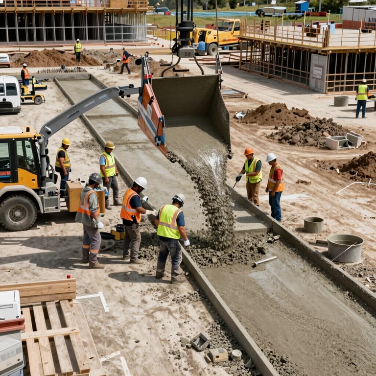 A wide view of a clean, active North American construction site with workers in high-visibility safety gear coordinating a concrete pour.