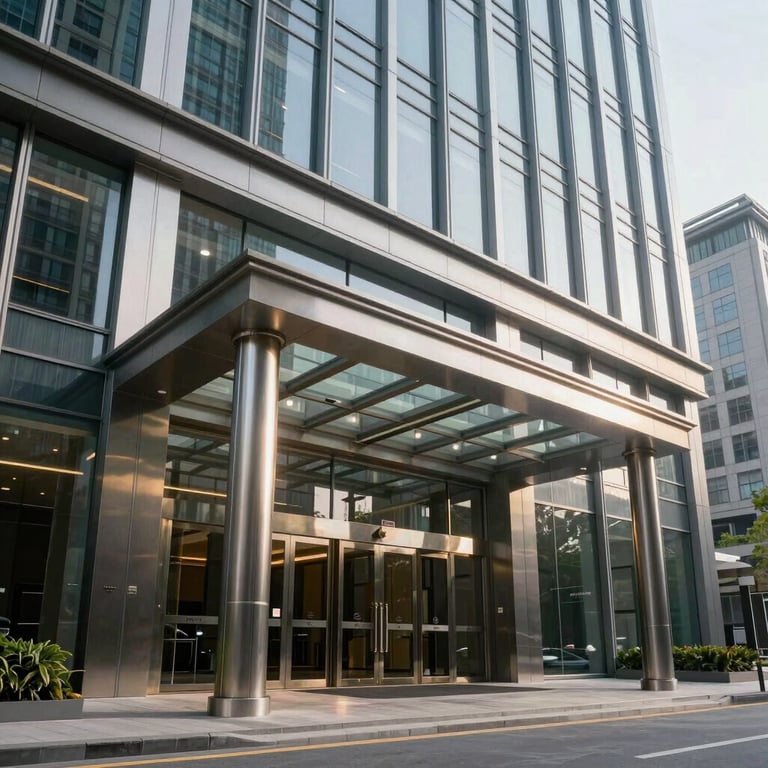 The finished entrance of a luxury corporate headquarters with a focus on high-quality steel and glass work.