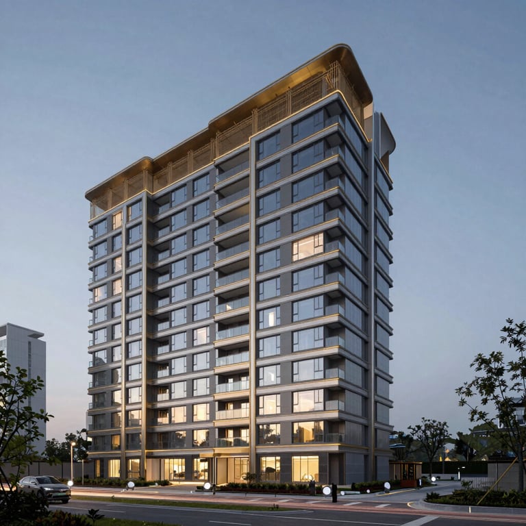 A dusk photograph of a completed multi-use building project, showcasing professional architectural lighting and reliability.