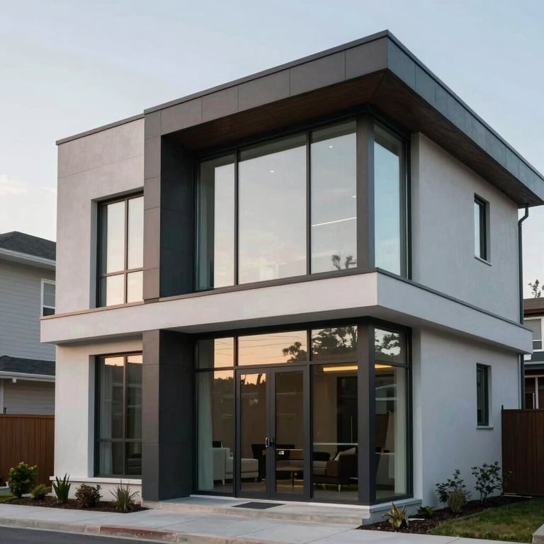 Exterior shot of a sleek, modern residential building in a North American suburb, featuring large glass windows and clean architectural lines.