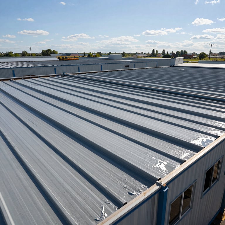 Industrial warehouse roof being coated with chemical resistant material under bright daylight.