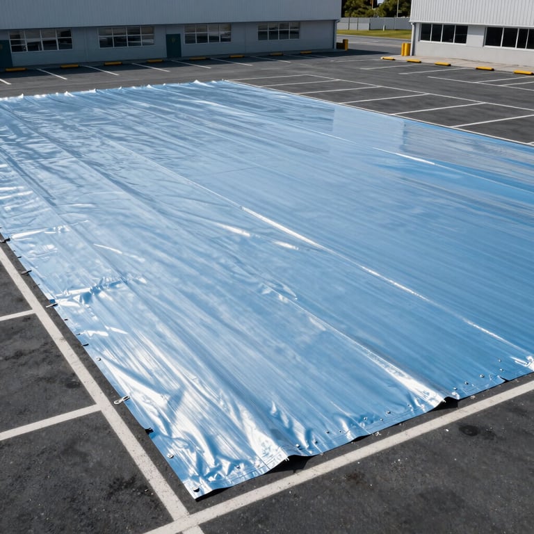 An expansive commercial parking area with a newly applied heavy-duty waterproofing membrane in soft steel blue.
