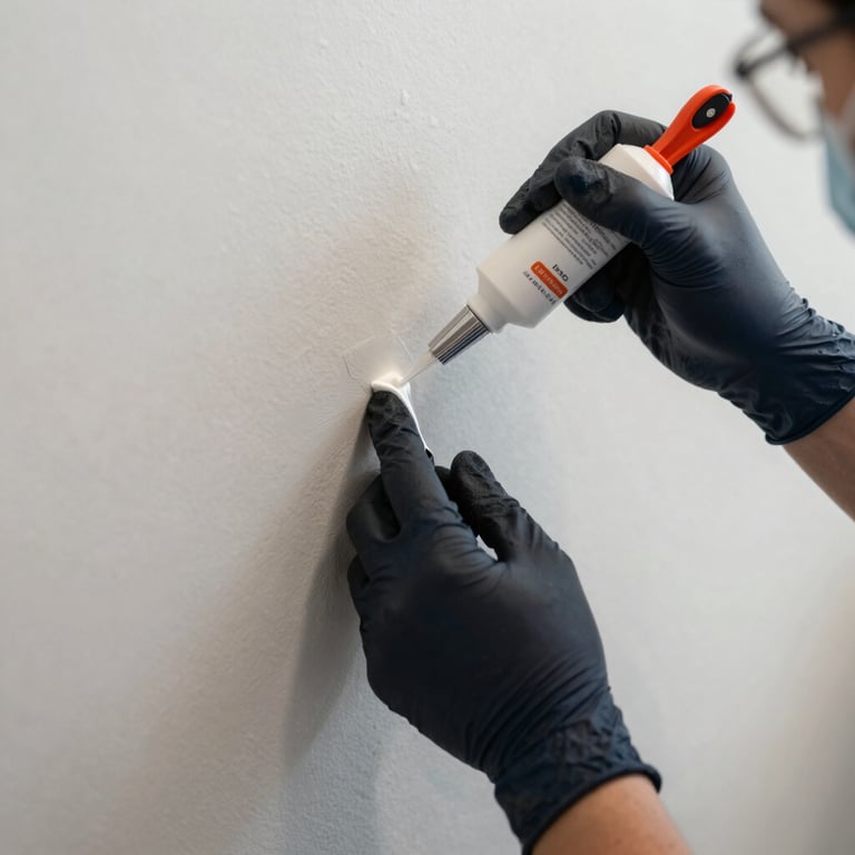 Close-up of a technician applying a detailed sealant to a wall corner to prevent dampness, wearing dark navy gloves.