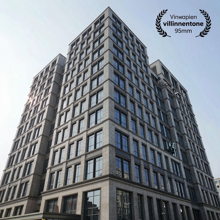 A large-scale commercial office building exterior after successful external wall waterproofing treatment.