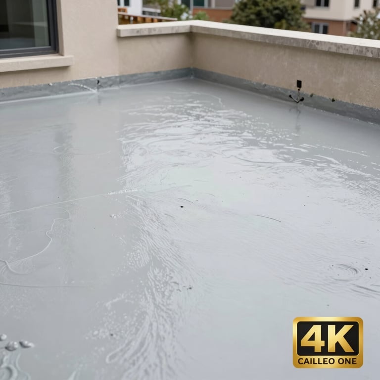 A finished residential terrace waterproofing project, showcasing a clean and professional pale mist grey finish.