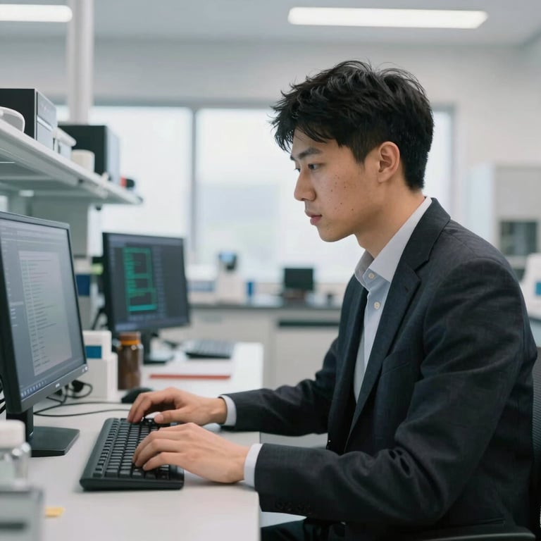 A focused software engineer in professional attire working in a bright, Off-White analytical laboratory.