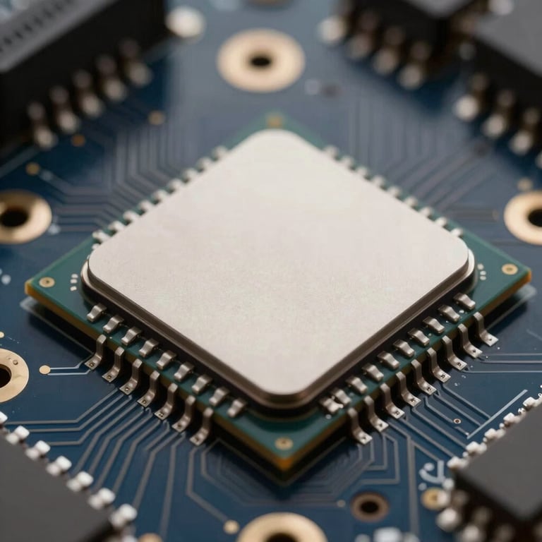 Macro photography of a high-tech processor chip on a Dark Navy circuit board with Off-White highlights.