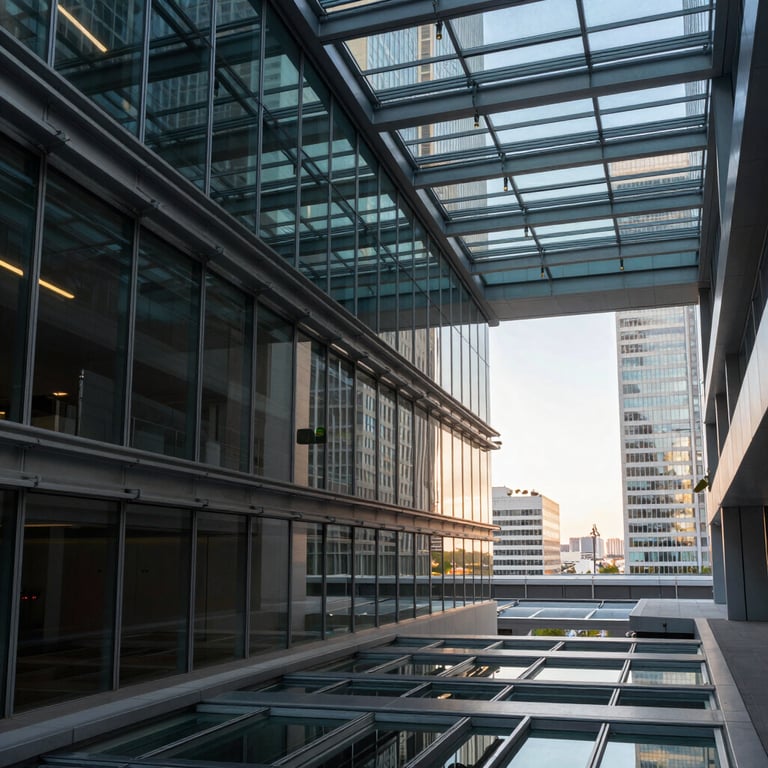 Abstract architectural shot of a glass and steel tech corridor in a North American / US city at sunrise.