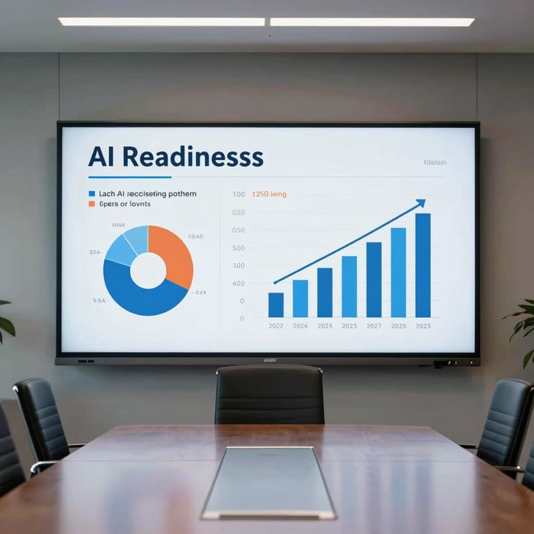 A clean, professional boardroom in the US with a large screen displaying AI readiness statistics and metrics.