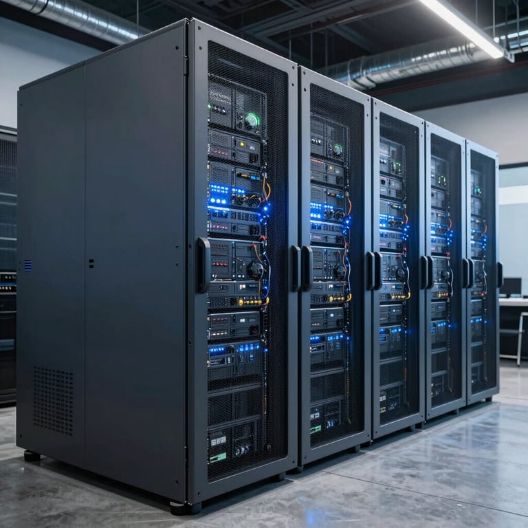 A sleek North American / US data center with glowing Muted Blue-Grey server racks and polished concrete floors.