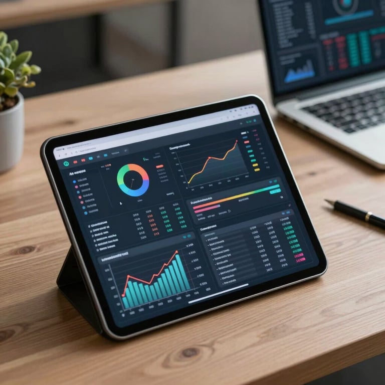 A modern workspace in a US tech hub featuring a tablet displaying complex analytical data and graphs.