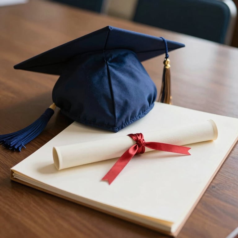 A close-up of a graduation diploma and a navy blue mortarboard on a wooden table in a North American / US academic setting.