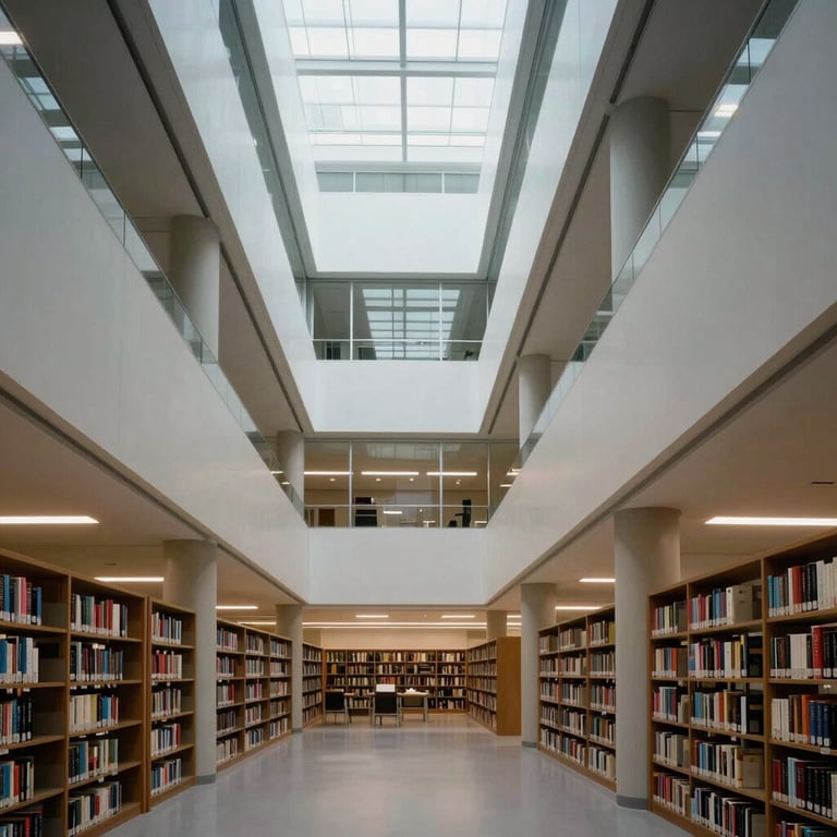 An architectural shot of a modern North American / US library with sleek lines and a serene, scholarly atmosphere.