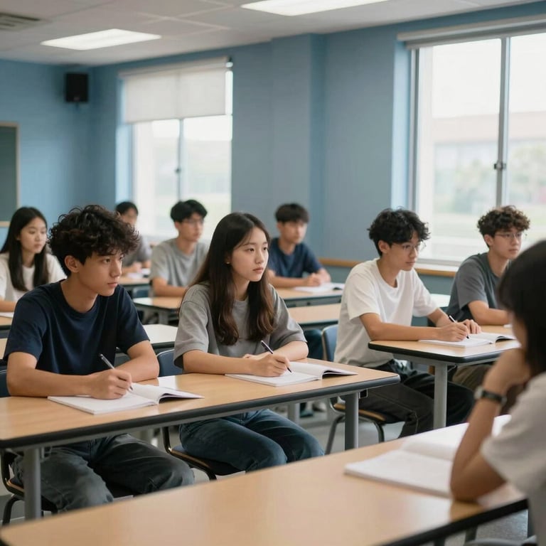 A group of students engaged in a seminar in a modern North American / US classroom with dusty blue walls and large windows.