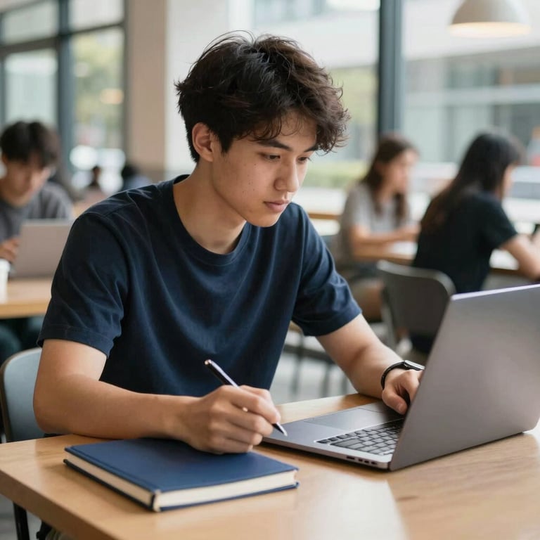 A student studying in a bright North American / US university cafe with a navy blue notebook and steel blue laptop, morning light.