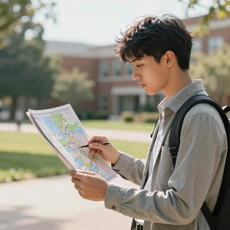 A student looking at a campus map in a sunlit North American / US outdoor setting, wearing modern professional-casual attire.