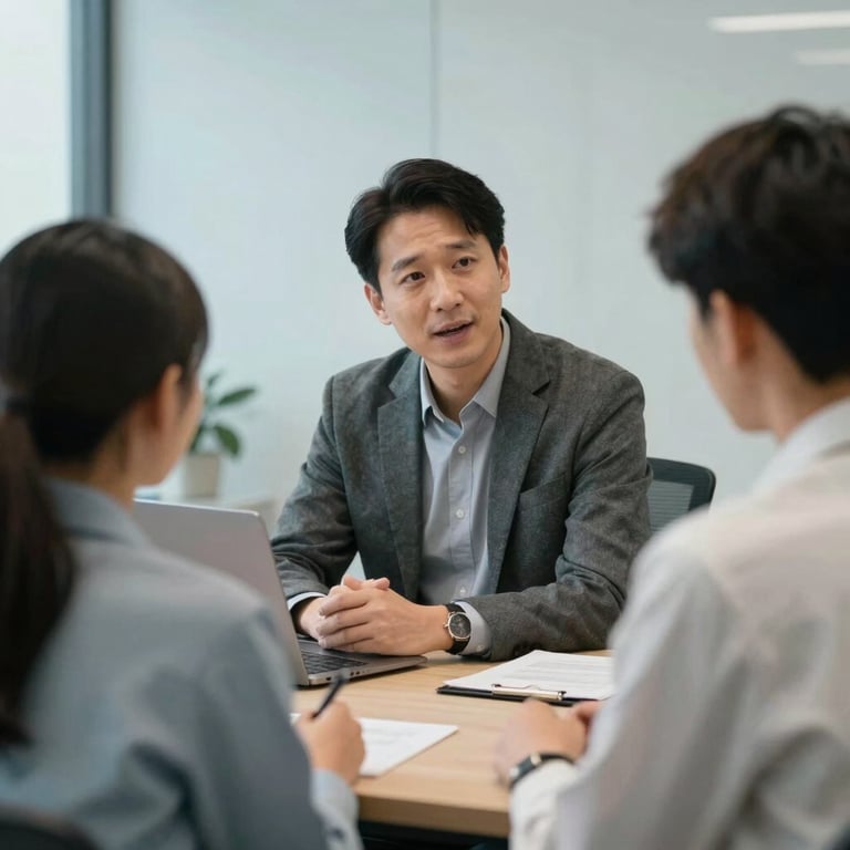 A professional mentor speaking with a student in an airy, professional North American / US office space with soft pale blue accents.