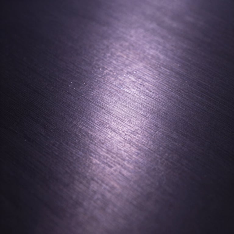 Abstract macro photography of light reflecting on a dark, brushed metallic surface, soft violet hues.