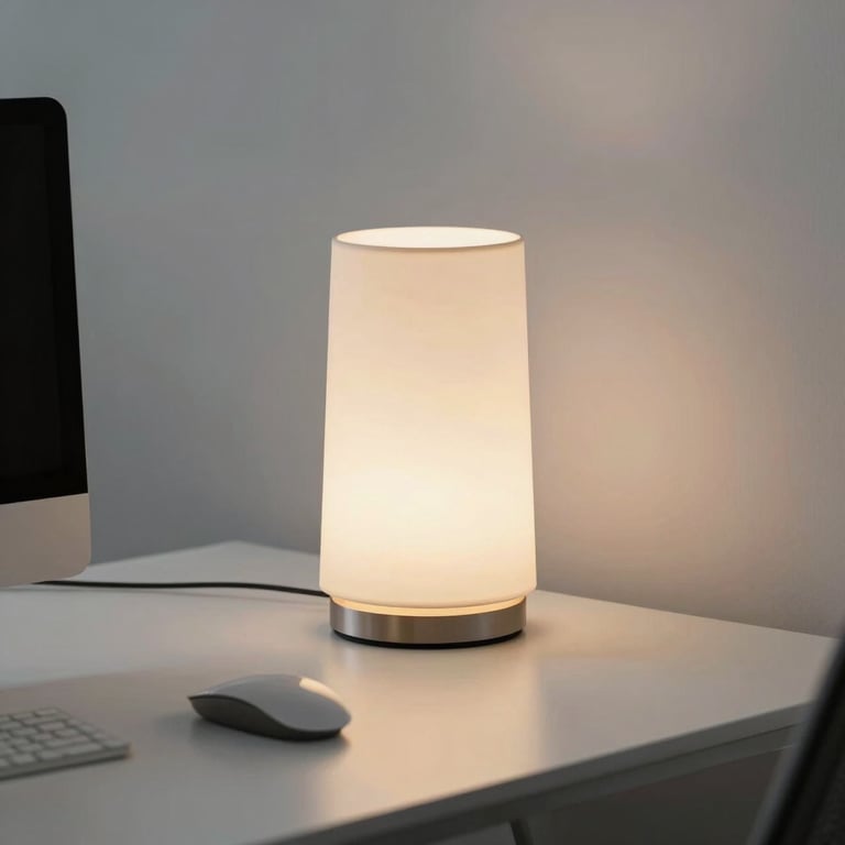 A clean, organized executive workspace featuring a single sculptural lamp and soft white surfaces.