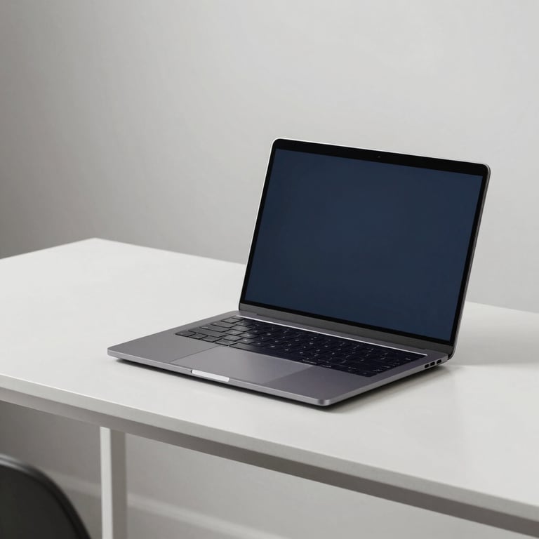 A minimalist designer desk setup with a high-end laptop and steel blue accents, clean lighting, North American office setting.