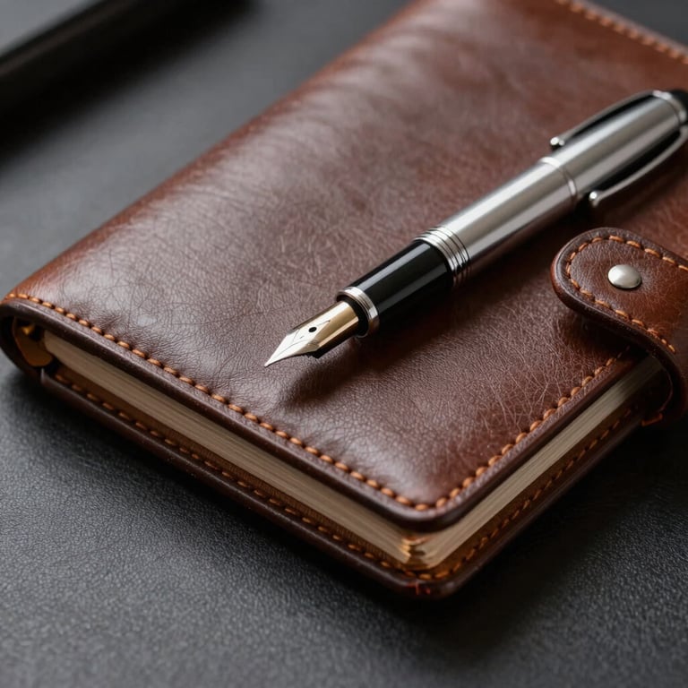 Close-up of a high-quality leather bound portfolio and a silver fountain pen on a dark surface.