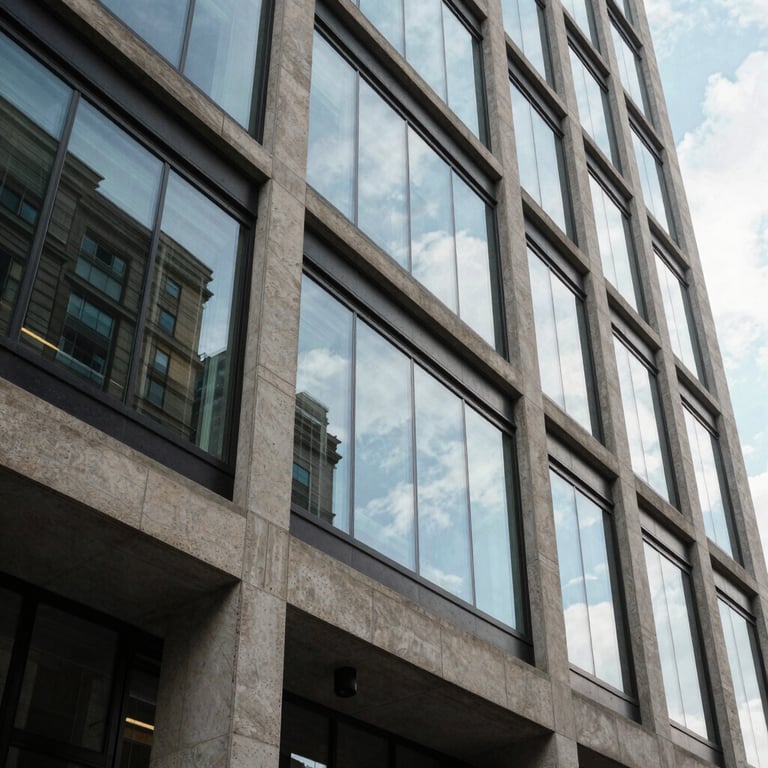 Modern architectural detail of a glass and concrete building in Minneapolis, showing sharp lines and sky reflections.