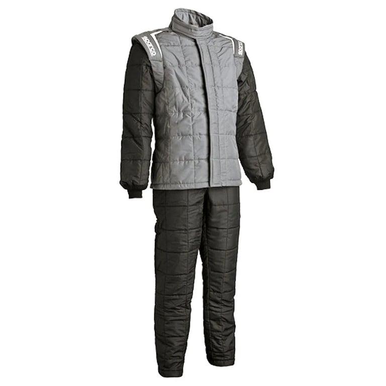 Gray and black Sparco racing suit with quilted fire-retardant fabric for professional motorsport safety.
