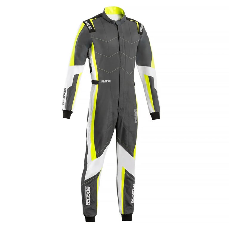 Sparco racing suit in grey, white, and neon yellow for professional motorsport drivers.