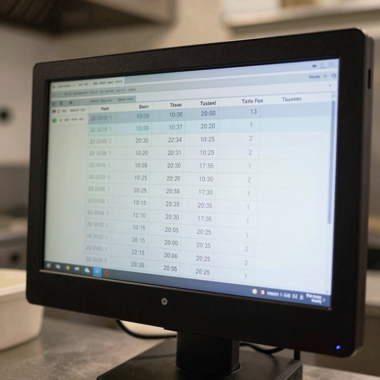 Close-up of a digital kitchen expediter screen displaying ticket times and station throughput metrics, cool bright lighting, high-contrast display