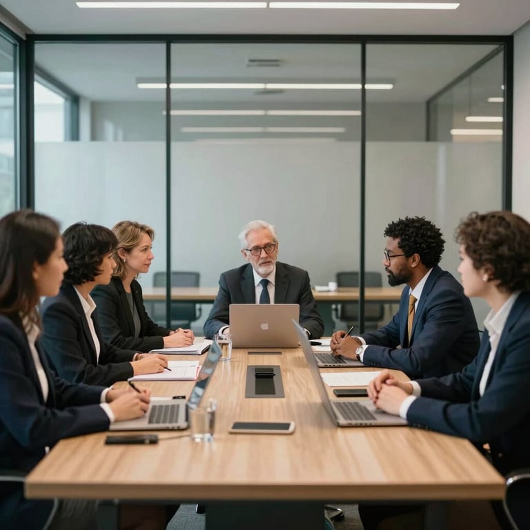 A group of diverse professionals collaborating in a North American / Quebecois meeting room with glass walls.