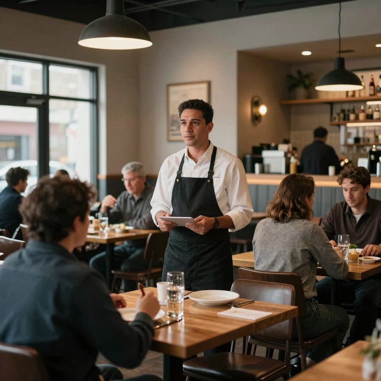 A restaurant manager overseeing a bustling North American / Quebecois dining room, modern decor, welcoming vibe.