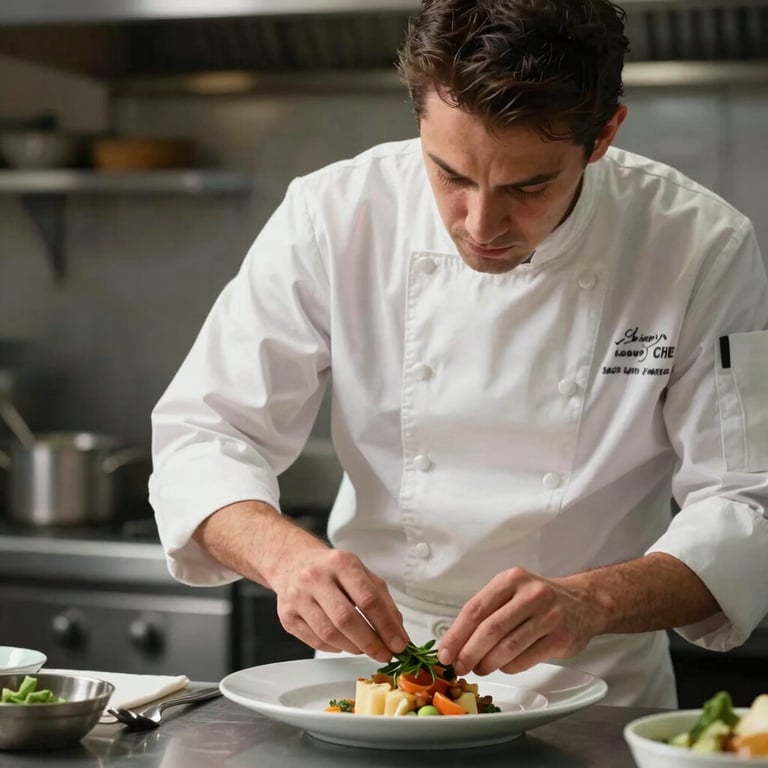 A professional chef in a high-end North American / Quebecois kitchen, preparing a meal with precision.