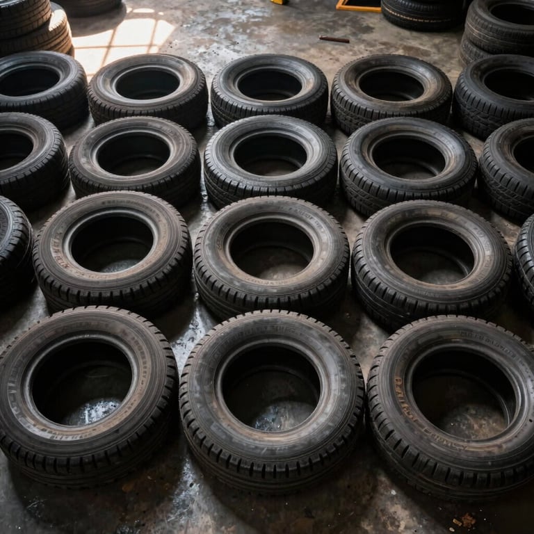 Overhead flat-lay of used tires organized by condition on a warehouse sorting floor, ambient industrial light from skylights, tire sidewall markings visible, no people, Guwahati warehouse setting