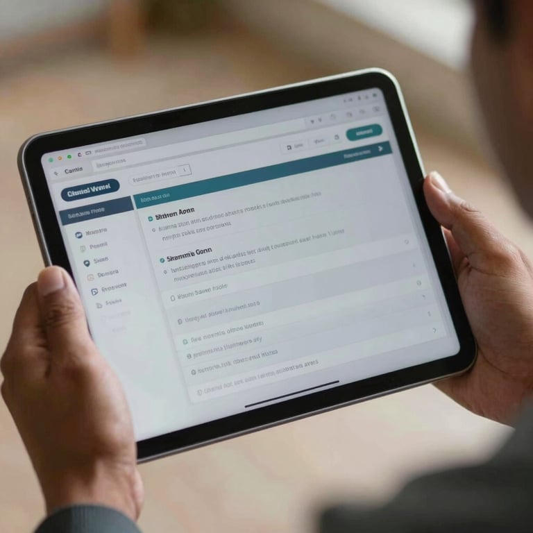 A close-up of a South Asian / Bangladeshi professional's hands holding a tablet showing a software dashboard.