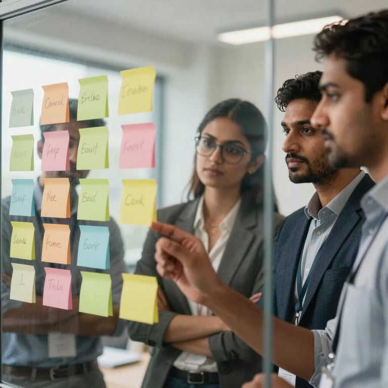 A digital marketing team of South Asian / Bangladeshi specialists brainstorming with sticky notes on a glass board.