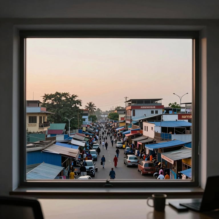 The bustling Kawran Bazar business district in Dhaka seen through a professional office window during sunset.