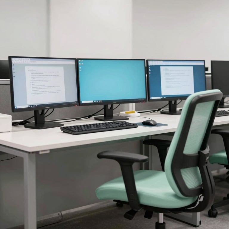 A clean, minimalist workstation in a South Asian / Bangladeshi office featuring multiple monitors and a minty green ergonomic chair.
