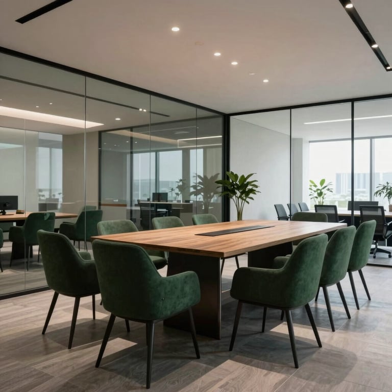 A modern meeting room in a Banani office with glass walls, featuring dark forest green furniture and clean lines.